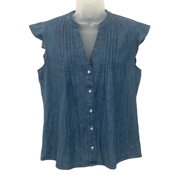 Tommy Hilfiger Chambray Flutter Sleeve Button Down Top - Picture 1 of 10